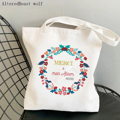 Francia köszönöm Mistress Women Canvas Shopping válltáska merci atsem Harajuku Tote Bag ajándék tanárnak Válltáskák