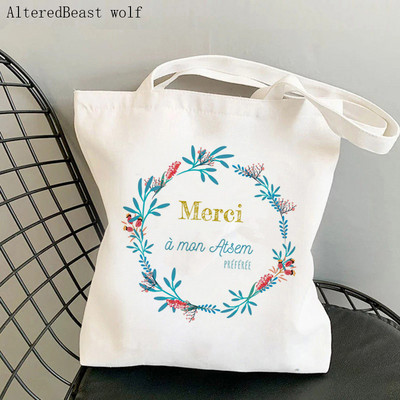 Francia köszönöm Mistress Women Canvas Shopping válltáska merci atsem Harajuku Tote Bag ajándék tanárnak Válltáskák