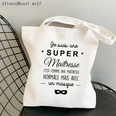Francia köszönöm Mistress Women Canvas Shopping válltáska merci atsem Harajuku Tote Bag ajándék tanárnak Válltáskák