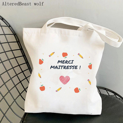 Francia köszönöm Mistress Women Canvas Shopping válltáska merci atsem Harajuku Tote Bag ajándék tanárnak Válltáskák