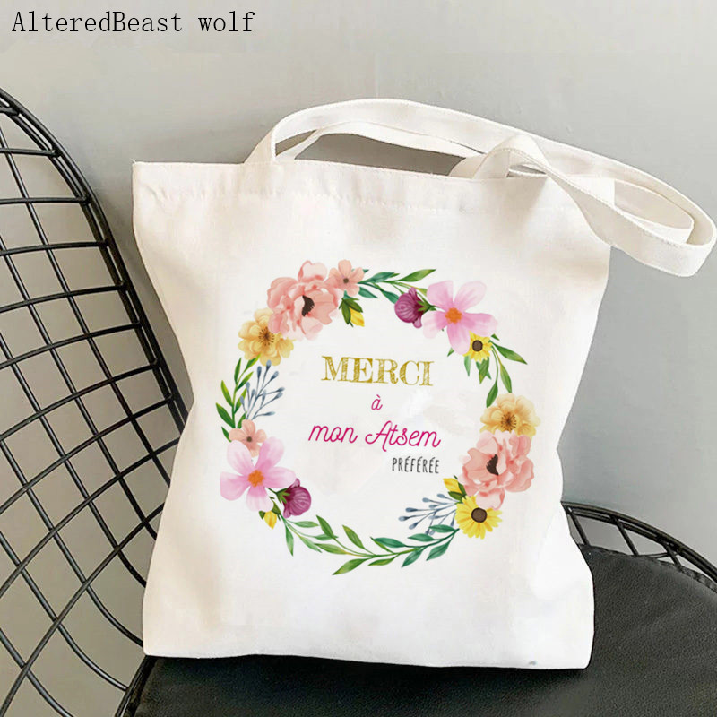 Francia köszönöm Mistress Women Canvas Shopping válltáska merci atsem Harajuku Tote Bag ajándék tanárnak Válltáskák