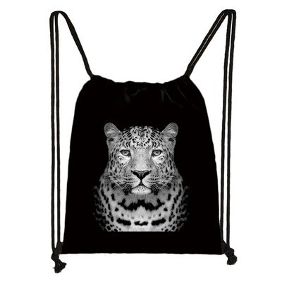 Fekete-fehér Vadállatok Nyomtatás Zsinóros táska Férfi Tárolótáskák Fiúk Tigris Oroszlán Farkas Hátizsák Tinédzser utazótáska Könyvtáska
