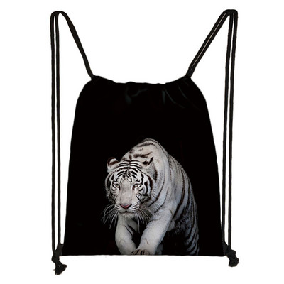Fekete-fehér Vadállatok Nyomtatás Zsinóros táska Férfi Tárolótáskák Fiúk Tigris Oroszlán Farkas Hátizsák Tinédzser utazótáska Könyvtáska