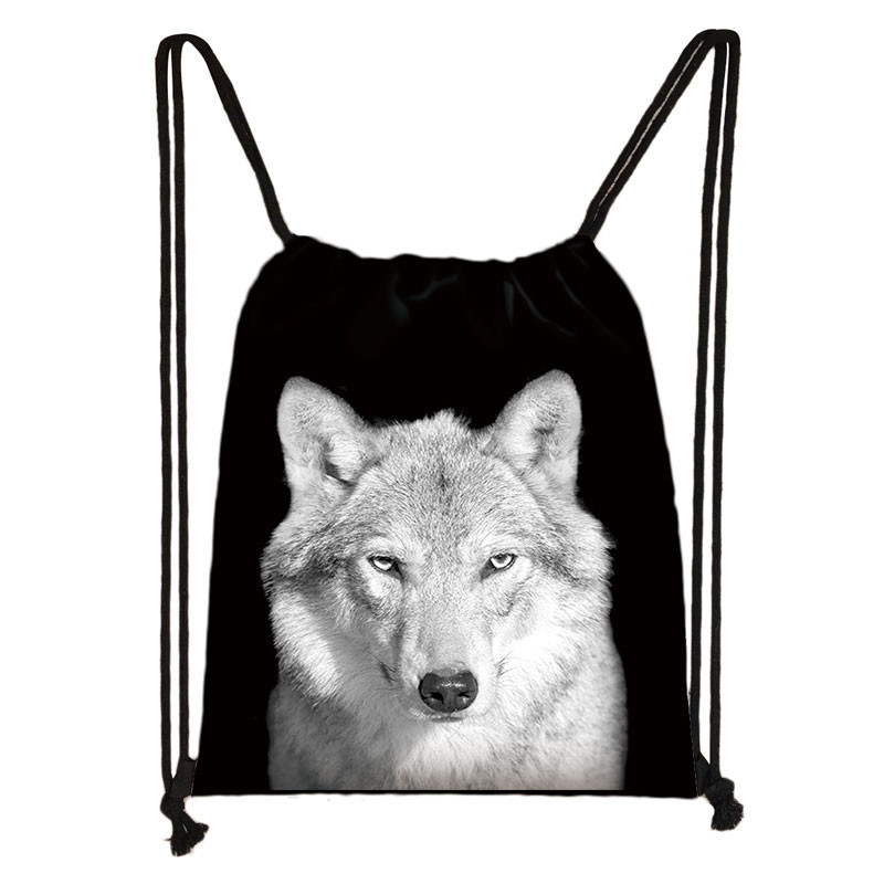 Fekete-fehér Vadállatok Nyomtatás Zsinóros táska Férfi Tárolótáskák Fiúk Tigris Oroszlán Farkas Hátizsák Tinédzser utazótáska Könyvtáska