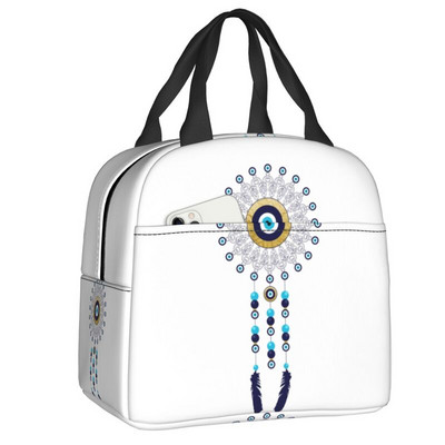 Tumši zila un Aqua Nazar Evil Eye Lucky Charm izolēta pusdienu soma Amulets Boho Cooler termiskais pusdienu komplekts biroja piknika ceļojumi