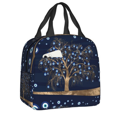 Tumši zila un Aqua Nazar Evil Eye Lucky Charm izolēta pusdienu soma Amulets Boho Cooler termiskais pusdienu komplekts biroja piknika ceļojumi