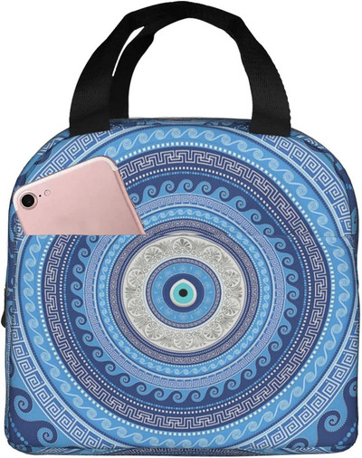 Tumši zila un Aqua Nazar Evil Eye Lucky Charm izolēta pusdienu soma Amulets Boho Cooler termiskais pusdienu komplekts biroja piknika ceļojumi