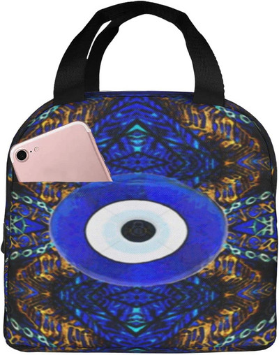 Tumši zila un Aqua Nazar Evil Eye Lucky Charm izolēta pusdienu soma Amulets Boho Cooler termiskais pusdienu komplekts biroja piknika ceļojumi