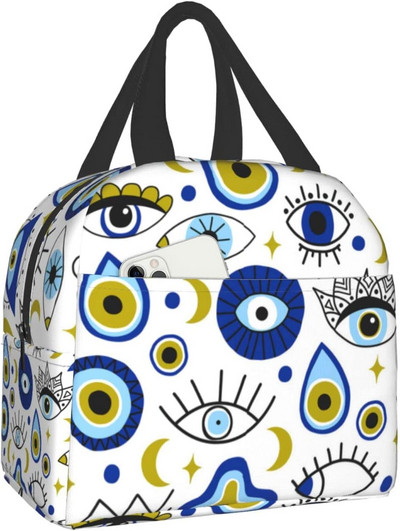 Tumši zila un Aqua Nazar Evil Eye Lucky Charm izolēta pusdienu soma Amulets Boho Cooler termiskais pusdienu komplekts biroja piknika ceļojumi