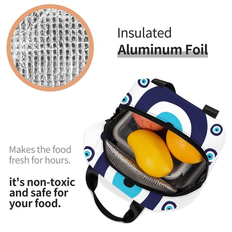 Tamsiai mėlyna ir „Aqua Nazar Evil Eye Lucky Charm“ izoliuotas pietų krepšys Amuletas „Boho Cooler“ terminiai pietūs krepšys biuro piknikas Kelionės