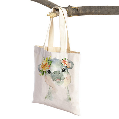 Ziedu Zebra Žirafe Hippo Lauva Pingvīns Ikdienas iepirkumu soma Dzīvnieku salokāma atkārtoti lietojama auduma audekla studentu rokassomiņa sievietēm