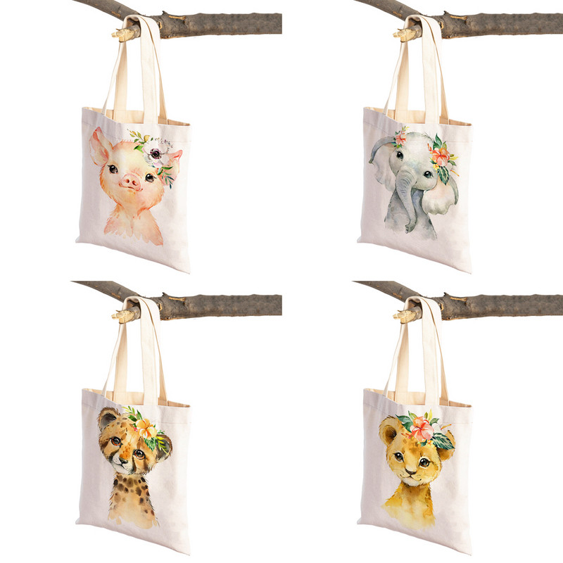 Ziedu Zebra Žirafe Hippo Lauva Pingvīns Ikdienas iepirkumu soma Dzīvnieku salokāma atkārtoti lietojama auduma audekla studentu rokassomiņa sievietēm