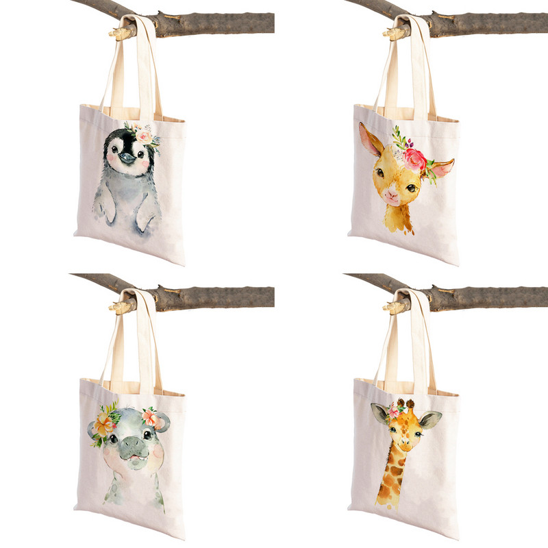 Ziedu Zebra Žirafe Hippo Lauva Pingvīns Ikdienas iepirkumu soma Dzīvnieku salokāma atkārtoti lietojama auduma audekla studentu rokassomiņa sievietēm