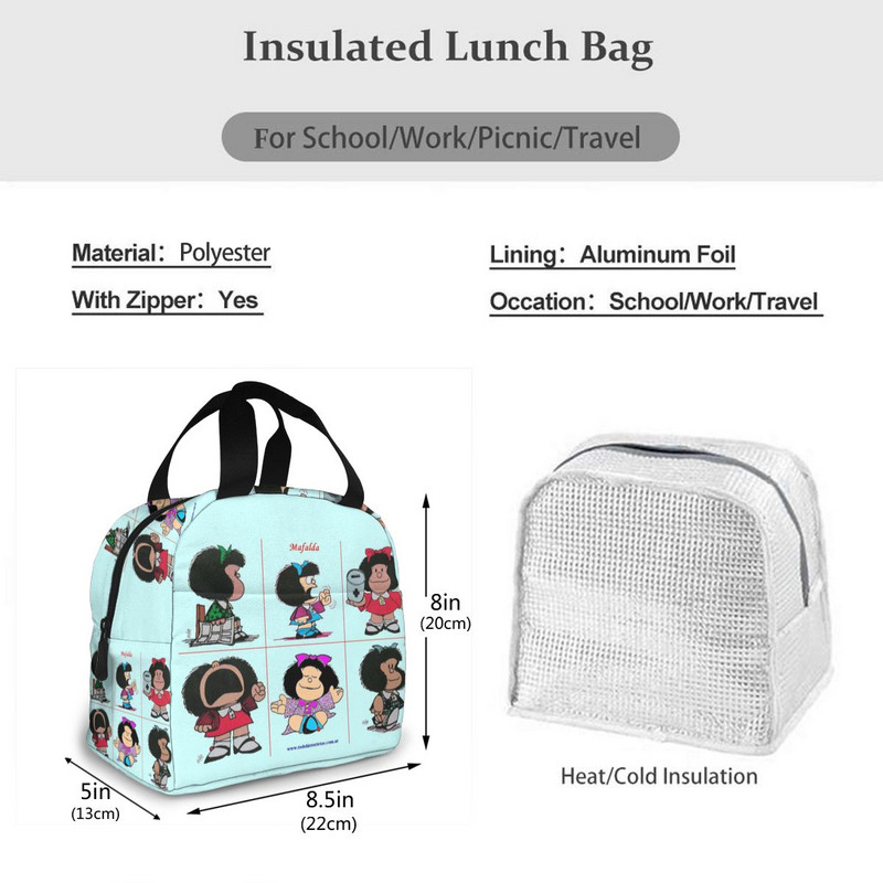 Mafalda Lunch Bag Kid Női Szigetelő Hordozható Vízálló Piknik Coole Bag Reggeli Iskola Újrafelhasználható Élelmiszertáska Bento Box