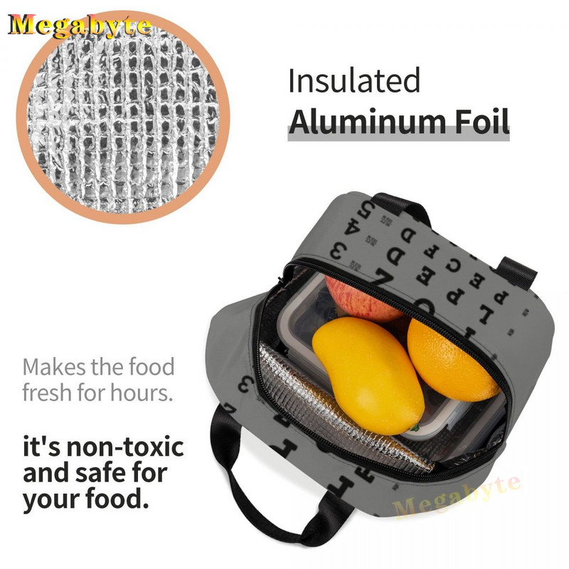 Fekete Snellen Chart Hőszigetelt ebédtáskák Női Látásvizsgálat Optikai Optika Szemteszt Gyógyszemüvegek Ebédszállító doboz