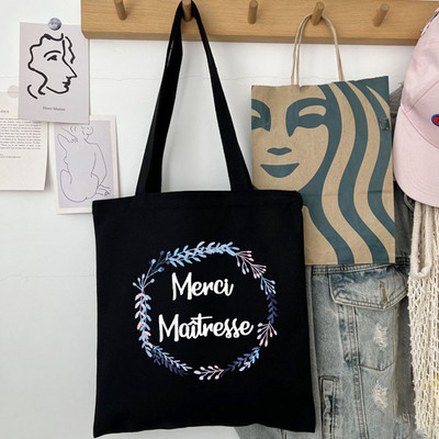 Thank You Mistress Modna ženska platnena torba za kupnju s francuskim printom Eco Harajuku Crne torbe na rame Učeničke školske torbe Pokloni