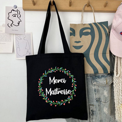 Thank You Mistress Modna ženska platnena torba za kupnju s francuskim printom Eco Harajuku Crne torbe na rame Učeničke školske torbe Pokloni