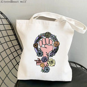 Női vásárló táska feminista virág Lány Power Bag Harajuku Bevásárlóvászon Shopper Bag lány kézitáska Vállas női táska