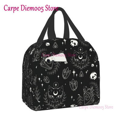 Geantă de prânz termoizolantă cu model de vrăjitoare pentru școală de muncă, craniu de pisică de Halloween, cutie termică de prânz pentru femei, copii, pungi de picnic
