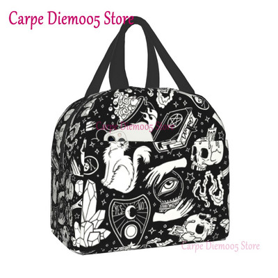 Geantă de prânz termoizolantă cu model de vrăjitoare pentru școală de muncă, craniu de pisică de Halloween, cutie termică de prânz pentru femei, copii, pungi de picnic