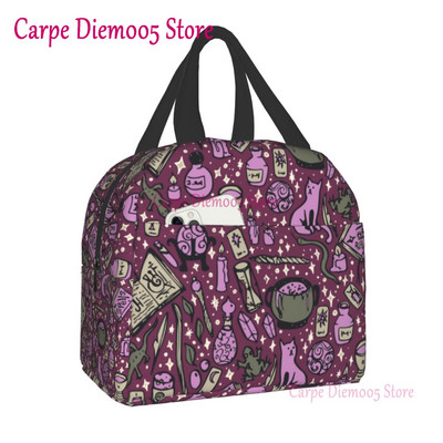 Geantă de prânz termoizolantă cu model de vrăjitoare pentru școală de muncă, craniu de pisică de Halloween, cutie termică de prânz pentru femei, copii, pungi de picnic