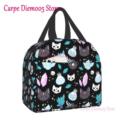 Geantă de prânz termoizolantă cu model de vrăjitoare pentru școală de muncă, craniu de pisică de Halloween, cutie termică de prânz pentru femei, copii, pungi de picnic