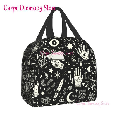 Geantă de prânz termoizolantă cu model de vrăjitoare pentru școală de muncă, craniu de pisică de Halloween, cutie termică de prânz pentru femei, copii, pungi de picnic