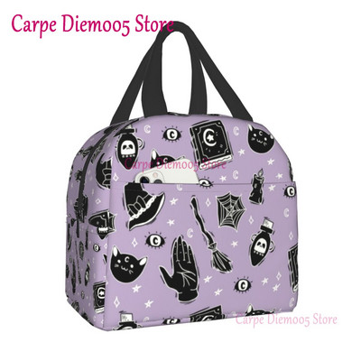 Geantă de prânz termoizolantă cu model de vrăjitoare pentru școală de muncă, craniu de pisică de Halloween, cutie termică de prânz pentru femei, copii, pungi de picnic