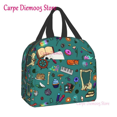 Geantă de prânz termoizolantă cu model de vrăjitoare pentru școală de muncă, craniu de pisică de Halloween, cutie termică de prânz pentru femei, copii, pungi de picnic