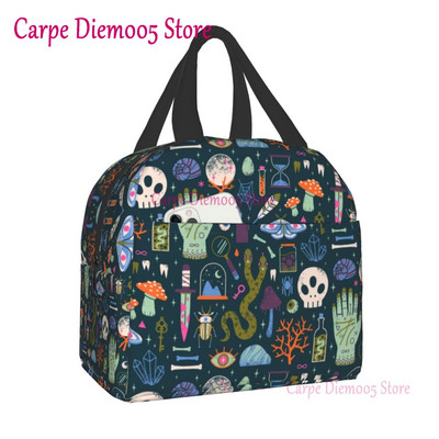 Geantă de prânz termoizolantă cu model de vrăjitoare pentru școală de muncă, craniu de pisică de Halloween, cutie termică de prânz pentru femei, copii, pungi de picnic