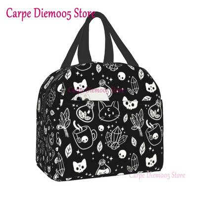Geantă de prânz termoizolantă cu model de vrăjitoare pentru școală de muncă, craniu de pisică de Halloween, cutie termică de prânz pentru femei, copii, pungi de picnic