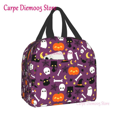 Geantă de prânz termoizolantă cu model de vrăjitoare pentru școală de muncă, craniu de pisică de Halloween, cutie termică de prânz pentru femei, copii, pungi de picnic
