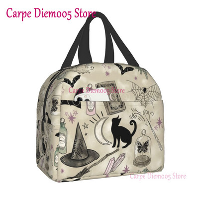 Geantă de prânz termoizolantă cu model de vrăjitoare pentru școală de muncă, craniu de pisică de Halloween, cutie termică de prânz pentru femei, copii, pungi de picnic