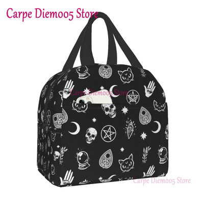 Geantă de prânz termoizolantă cu model de vrăjitoare pentru școală de muncă, craniu de pisică de Halloween, cutie termică de prânz pentru femei, copii, pungi de picnic