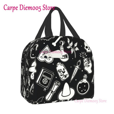 Geantă de prânz termoizolantă cu model de vrăjitoare pentru școală de muncă, craniu de pisică de Halloween, cutie termică de prânz pentru femei, copii, pungi de picnic