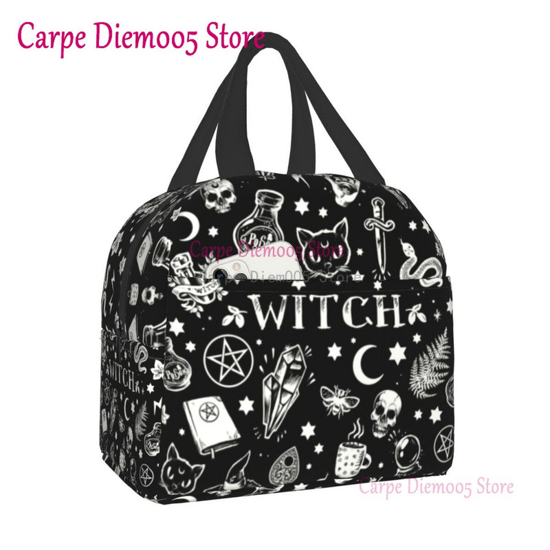 Geantă de prânz termoizolantă cu model de vrăjitoare pentru școală de muncă, craniu de pisică de Halloween, cutie termică de prânz pentru femei, copii, pungi de picnic