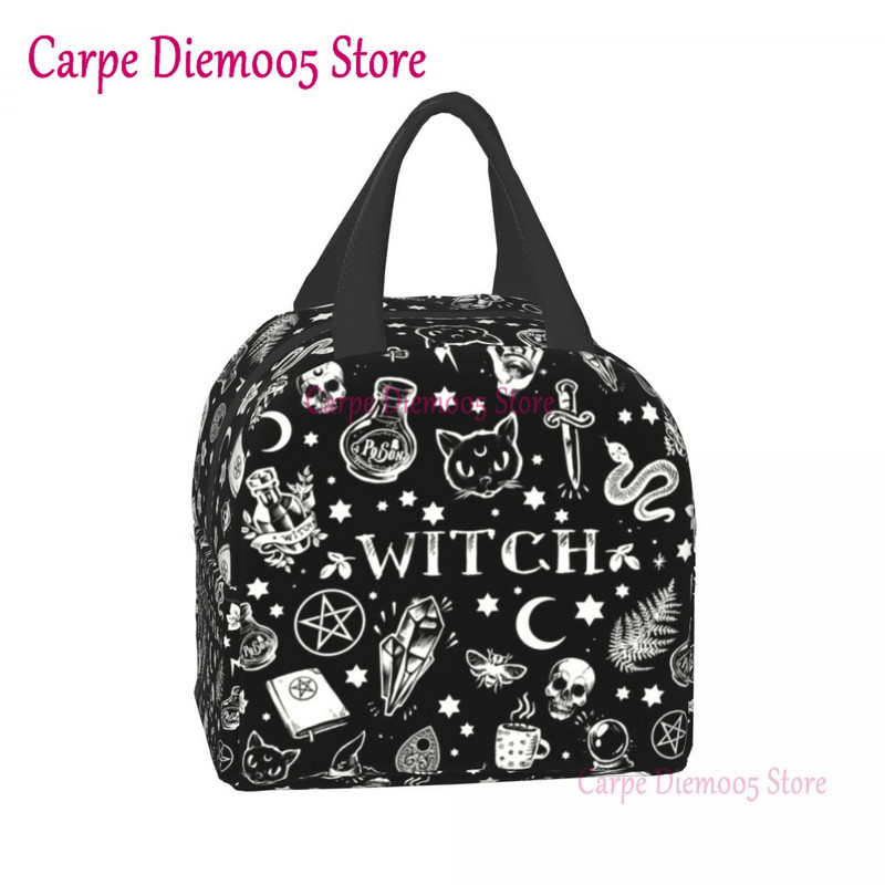 Geantă de prânz termoizolantă cu model de vrăjitoare pentru școală de muncă, craniu de pisică de Halloween, cutie termică de prânz pentru femei, copii, pungi de picnic