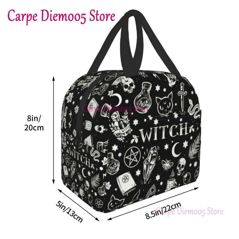 Geantă de prânz termoizolantă cu model de vrăjitoare pentru școală de muncă, craniu de pisică de Halloween, cutie termică de prânz pentru femei, copii, pungi de picnic