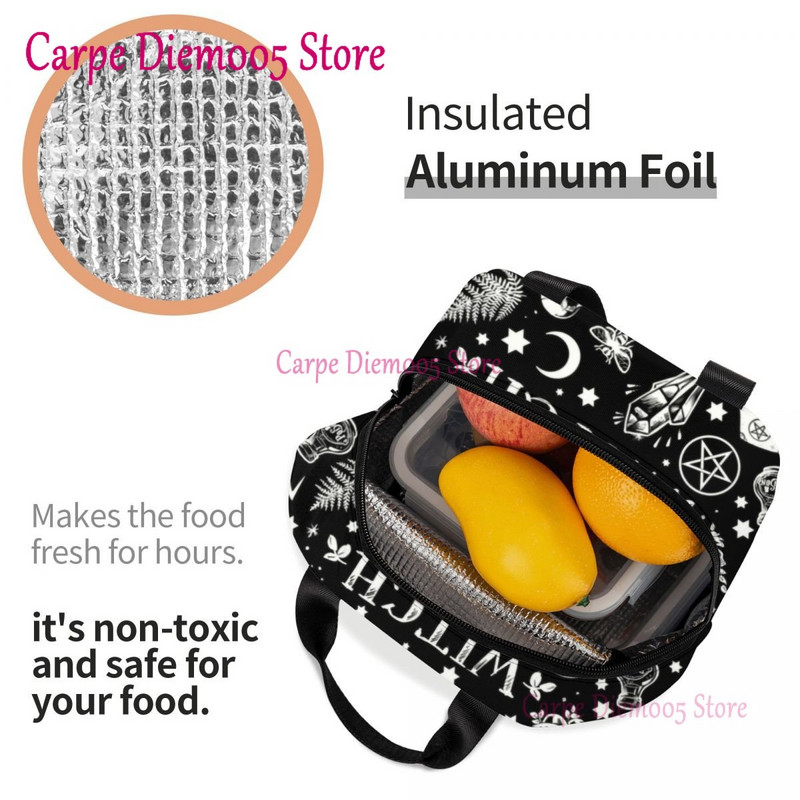 Geantă de prânz termoizolantă cu model de vrăjitoare pentru școală de muncă, craniu de pisică de Halloween, cutie termică de prânz pentru femei, copii, pungi de picnic