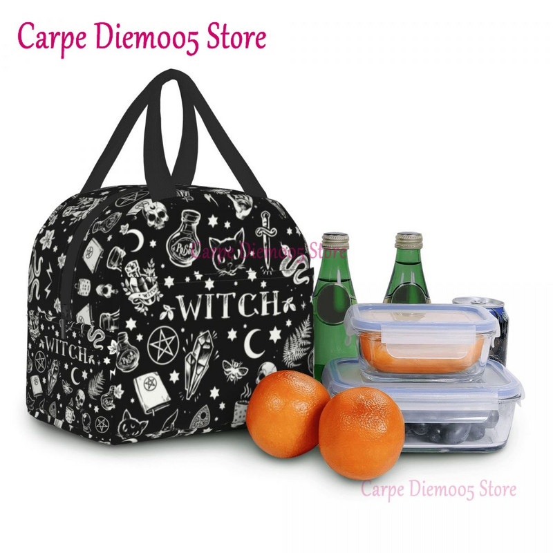 Geantă de prânz termoizolantă cu model de vrăjitoare pentru școală de muncă, craniu de pisică de Halloween, cutie termică de prânz pentru femei, copii, pungi de picnic
