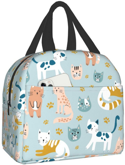 Kaķu izolēta pusdienu soma atkārtoti lietojama dzesētāja termiskā soma ar priekšējo kabatu sievietēm vīriešiem Ceļojumi Darbs Pārgājieni Piknika pusdienu kaste