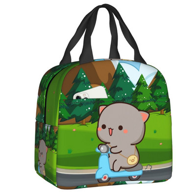 Piersici și Goma Mochi pisică care mănâncă Ramen Saci de prânz termoizolate pentru femei Recipient de prânz reutilizabil Cutie pentru alimente în aer liber