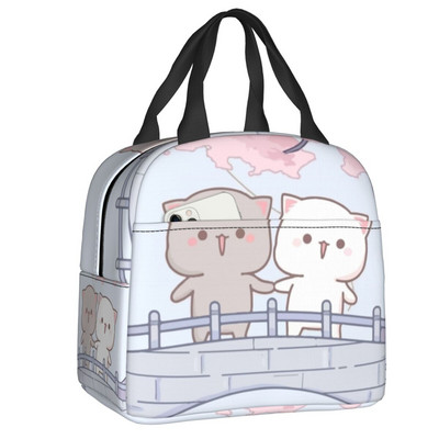 Piersici și Goma Mochi pisică care mănâncă Ramen Saci de prânz termoizolate pentru femei Recipient de prânz reutilizabil Cutie pentru alimente în aer liber