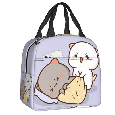 Piersici și Goma Mochi pisică care mănâncă Ramen Saci de prânz termoizolate pentru femei Recipient de prânz reutilizabil Cutie pentru alimente în aer liber