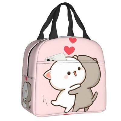 Piersici și Goma Mochi pisică care mănâncă Ramen Saci de prânz termoizolate pentru femei Recipient de prânz reutilizabil Cutie pentru alimente în aer liber