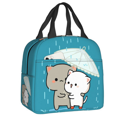 Piersici și Goma Mochi pisică care mănâncă Ramen Saci de prânz termoizolate pentru femei Recipient de prânz reutilizabil Cutie pentru alimente în aer liber