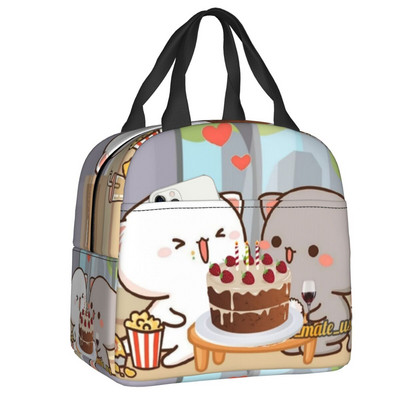 Piersici și Goma Mochi pisică care mănâncă Ramen Saci de prânz termoizolate pentru femei Recipient de prânz reutilizabil Cutie pentru alimente în aer liber