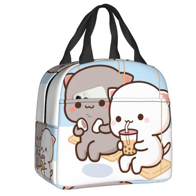 Piersici și Goma Mochi pisică care mănâncă Ramen Saci de prânz termoizolate pentru femei Recipient de prânz reutilizabil Cutie pentru alimente în aer liber
