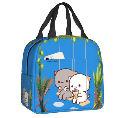 Piersici și Goma Mochi pisică care mănâncă Ramen Saci de prânz termoizolate pentru femei Recipient de prânz reutilizabil Cutie pentru alimente în aer liber