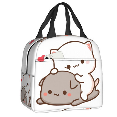 Piersici și Goma Mochi pisică care mănâncă Ramen Saci de prânz termoizolate pentru femei Recipient de prânz reutilizabil Cutie pentru alimente în aer liber